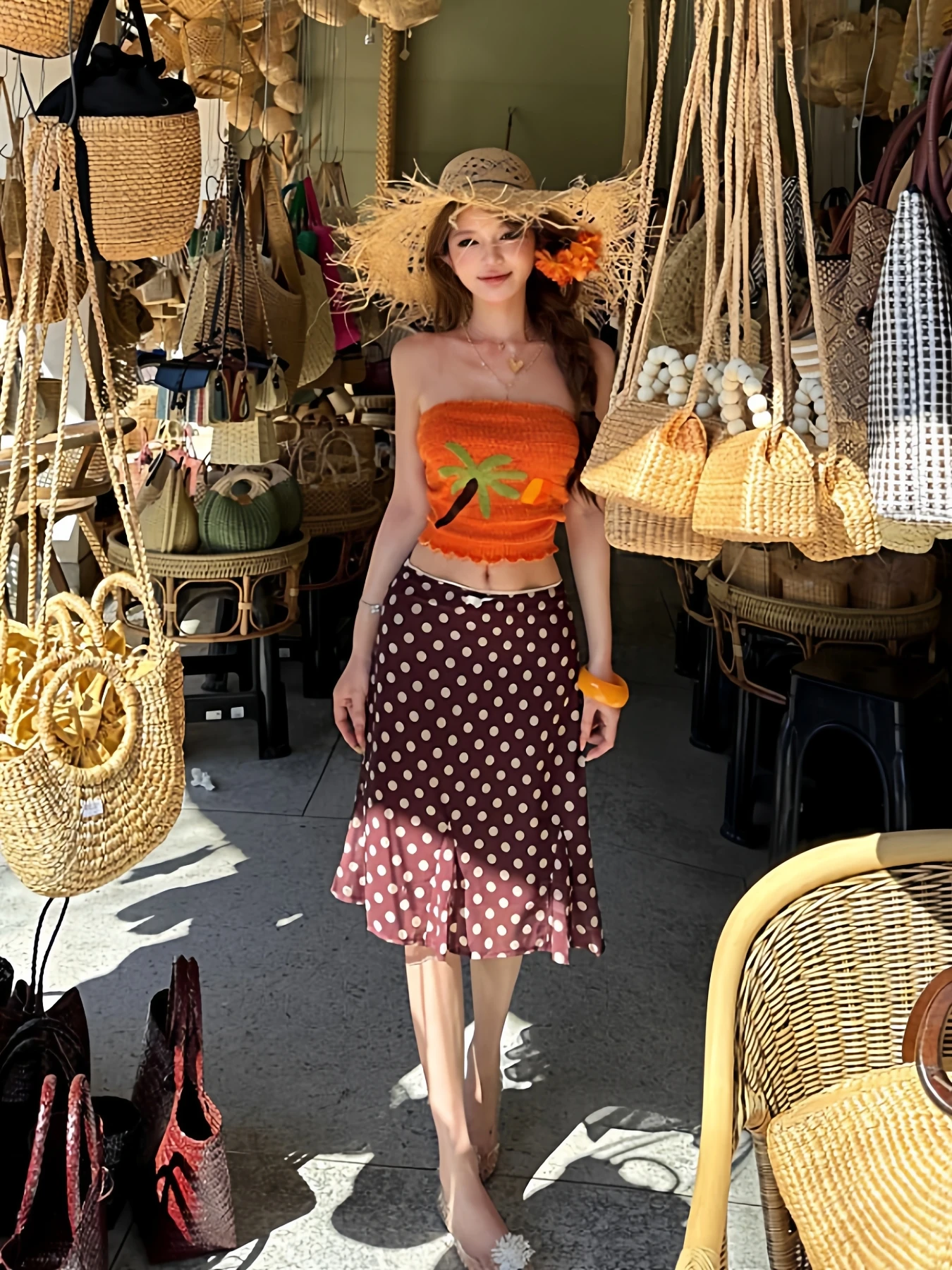 

Dopne Print Knitted Slimming Crop Top And Polka Dot Skirt Two Piece Set Summer Casual Beach Vaion Sle Women's Faion