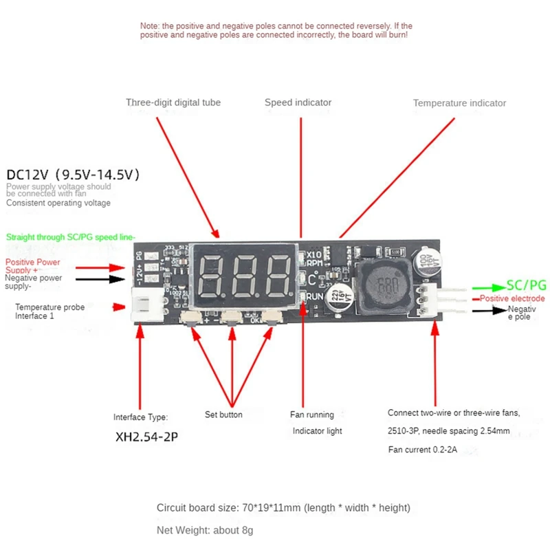 DC 12V PWM 2-3 cables controlador de temperatura del ventilador módulo de visualización del regulador de velocidad para ventilador de PC/alarma duradero, sonda de anillo