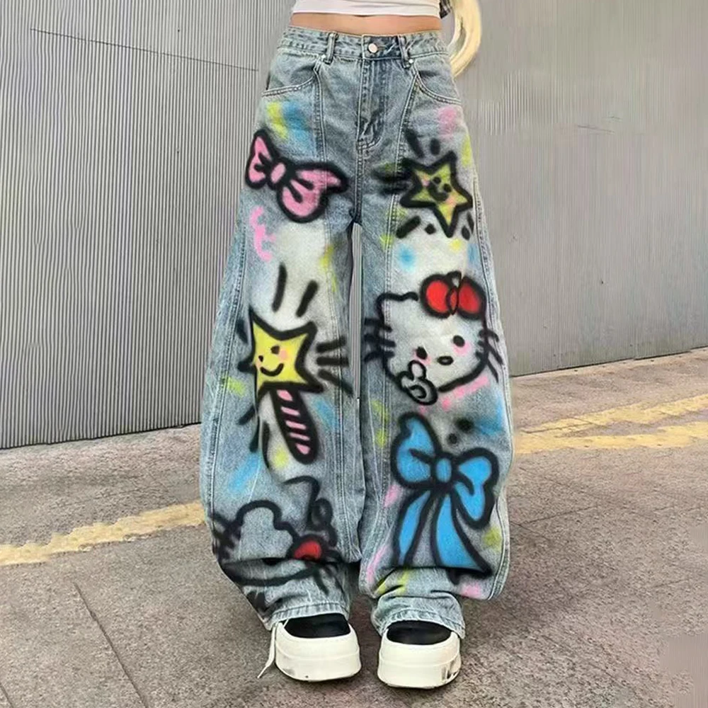 Jeans Y2K Hello Kitty Donna Anime Sanrios Kawaii Pantaloni vintage stile americano Primavera Autunno Pantaloni larghi a vita alta