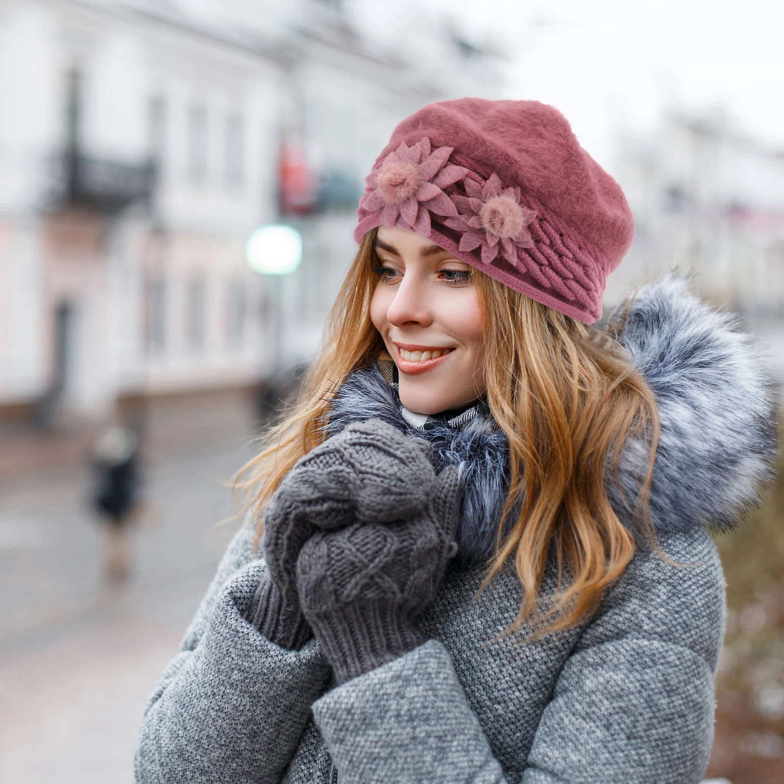 

Thickened Double Layer Warm Knitted Wool Hat For Women Girls Elegant Side Flower Design Stretchy Beanie For Ski Snow Sports