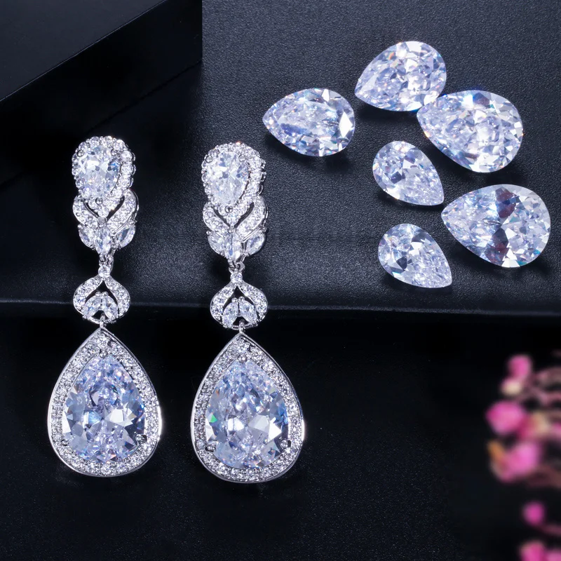 BeaQueen European American Luxury Purple Crystal Earrings Pear Cut Long Drop Women Wedding Earrings with Cubic Zirconia E024