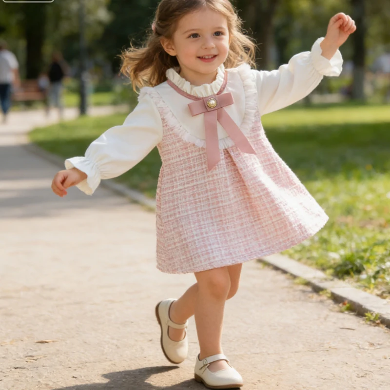 2026 Spring Baby Girl Dresses Causal Bow Long Sleeve Girls Princess Dresses Cute 1st Birthday Party Korean Style Toddler Clothes