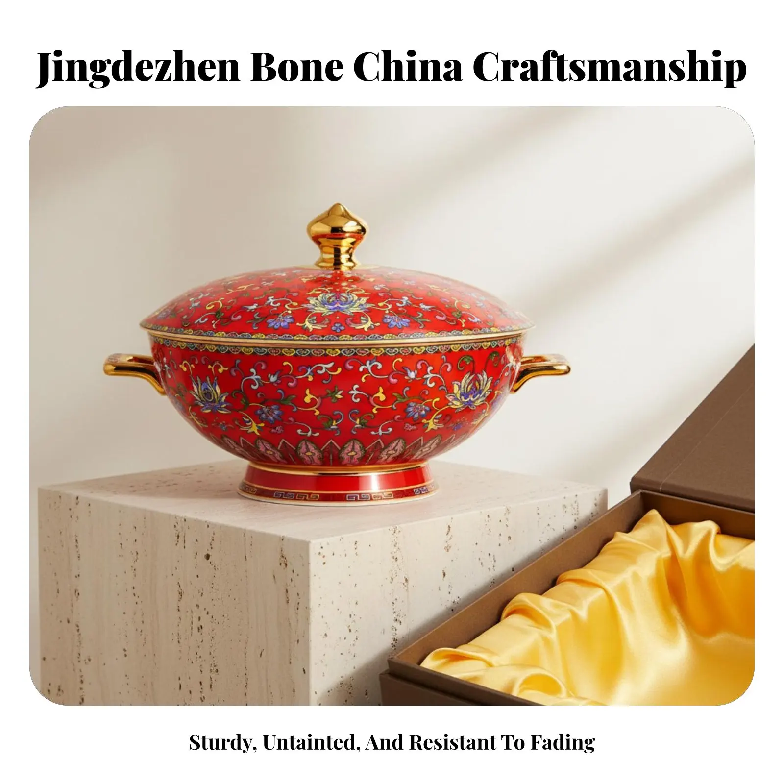 

Regal Design Dinnerware Set, Bone China Bowls and Plates, Enamel Floral, Chinese Red, Festive Tableware, Household, Gift