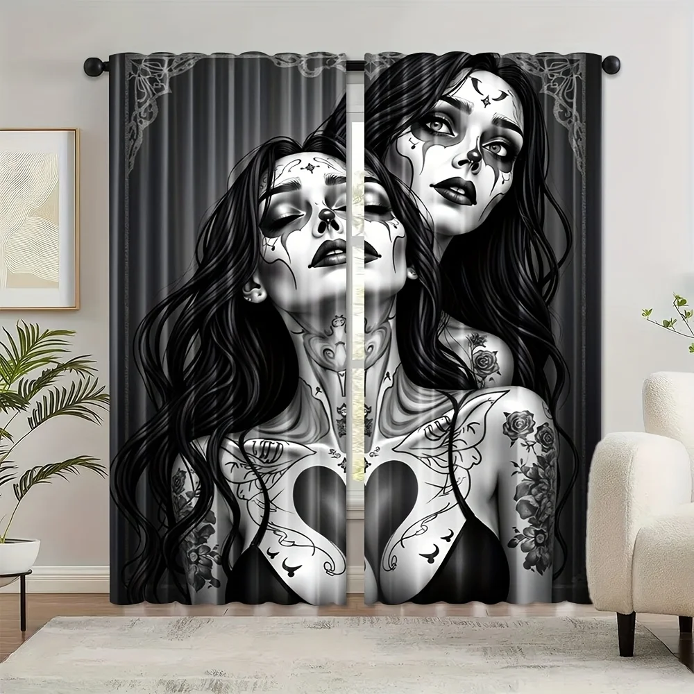 Gothic Sugar Skull Girl Curtains, Black and White Tattoo Art Blackout Drapes for Bedroom, Dark Aesthetic Home Decor Window