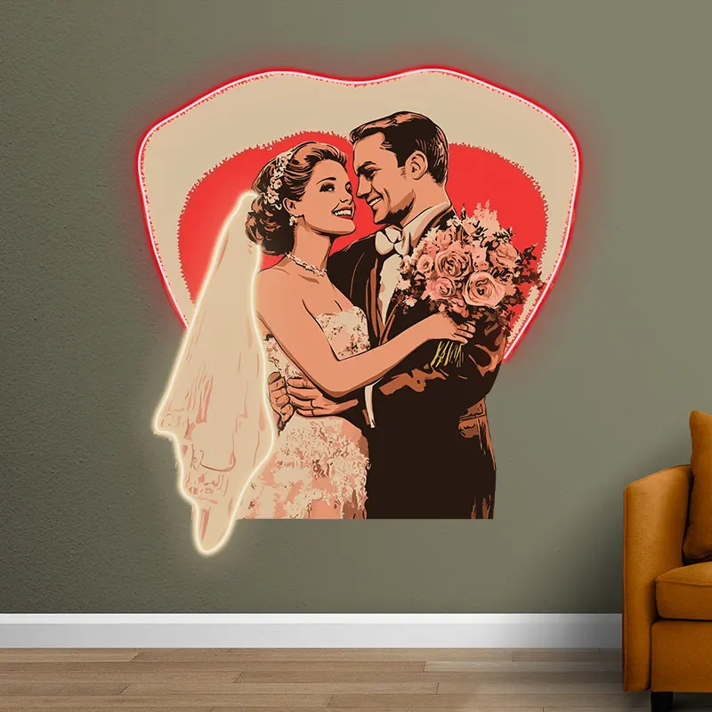 Newlyweds Hugging & Holding Flowers Custom LED Neon Sign