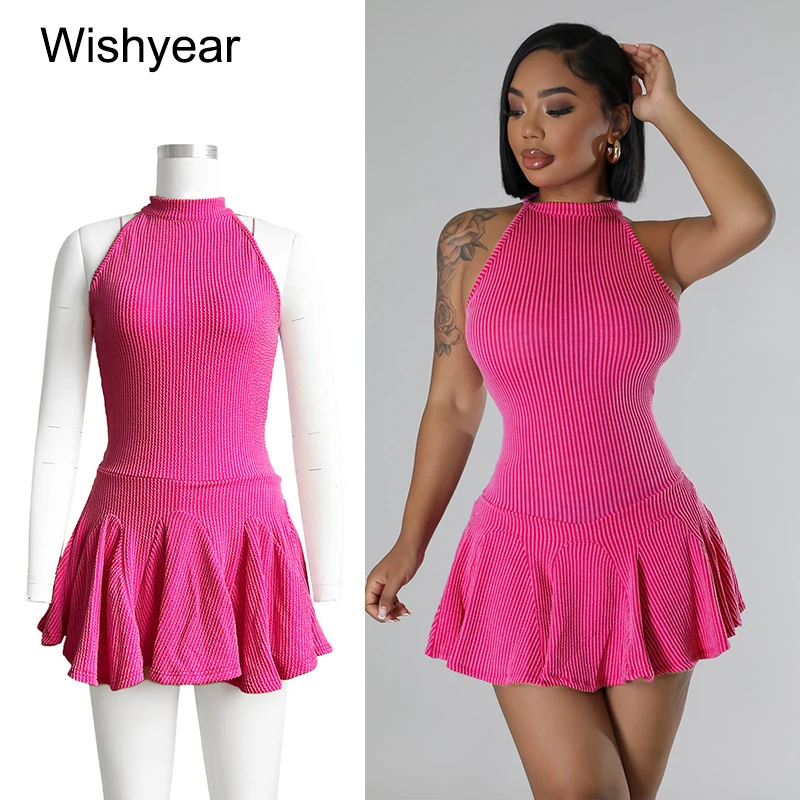 

Модное спортивное платье для женщин: облегающее мини-платье-боди без рукавов в рубчик с плиссировкой, эластичное, для летнего отдыха, коллекция 2026