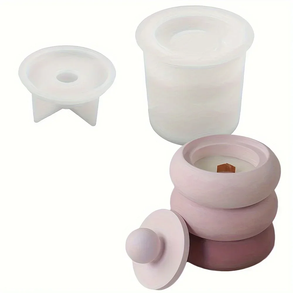 Lot de 2 moules en silicone premium pour pots à bougies ronds avec couvercle, moules en forme de donut et de trapèze pour la résine, l'artisanat, le rangement de bijoux et la décoration intérieure
