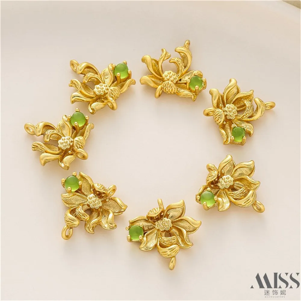 18K Sand Gold Accessories Inlaid with Green Zircon Lotus Double Pendant DIY Handmade Bracelet Necklace Jewelry Charm Pendant