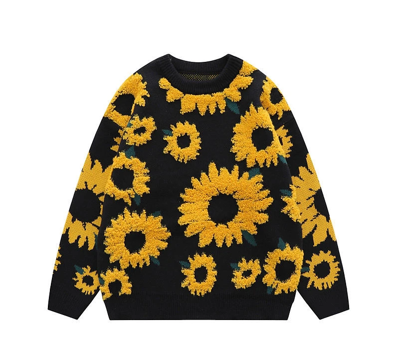 Harajuku New Mens Sweater Sunflower Flocked Round Neck Oversized Sweater Men Ins Style Loose Casual Couple Knitted Pullover Tops