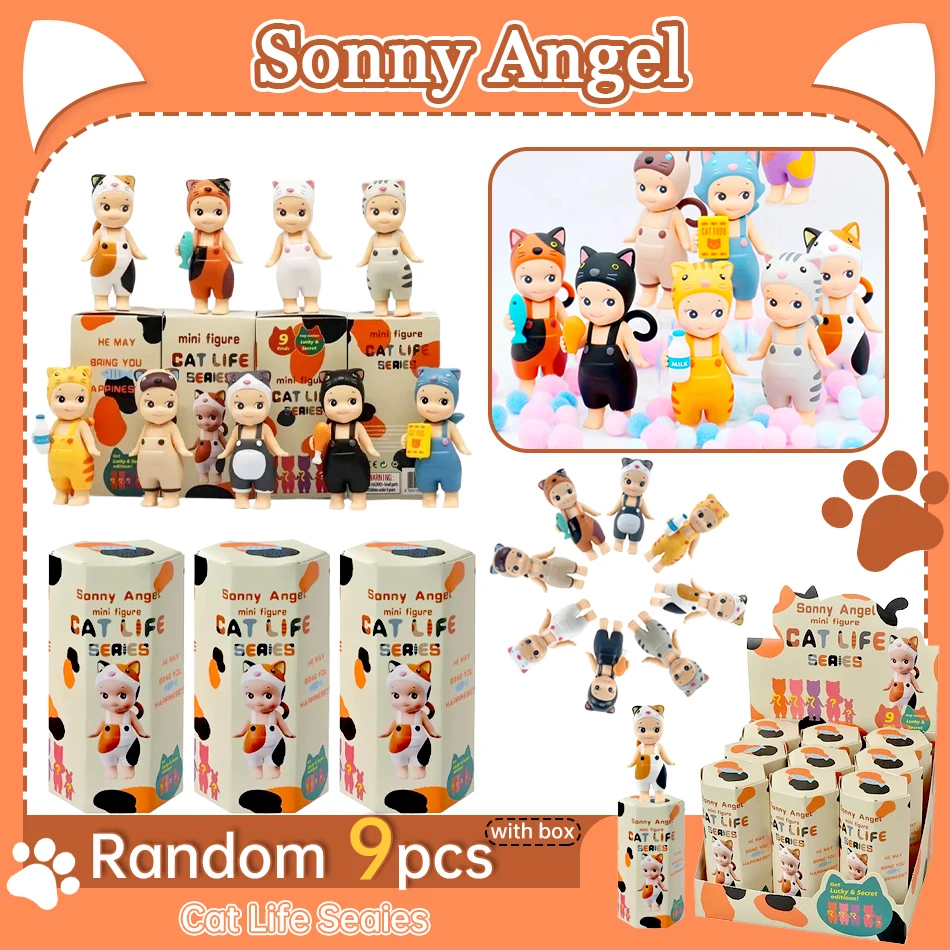 SonnyAngel caja ciega de la serie Cat Life para niños, lindo bebé que lleva ropa de gato, Mini estatuilla, adornos de mesa, figu