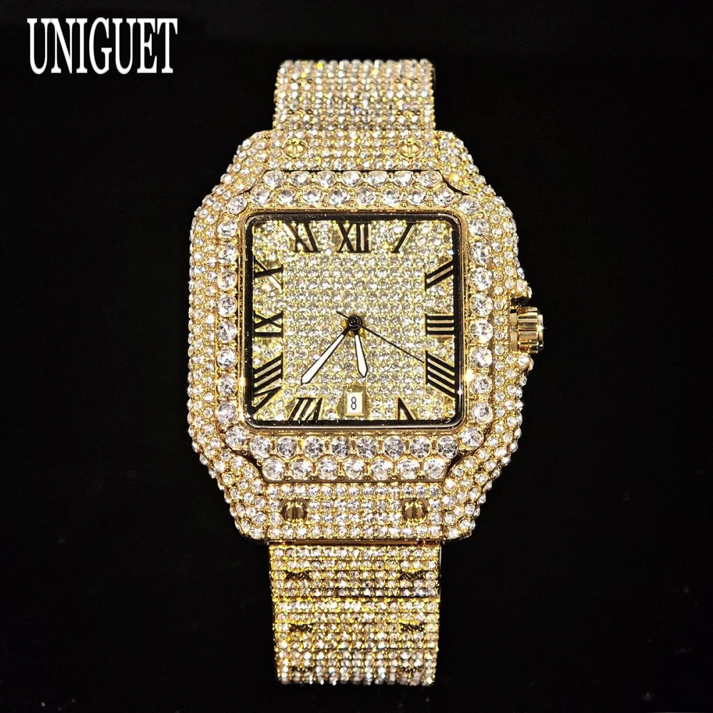 UNIGUET Luxury Iced Watches For Man Hip Hop Full Diamond Bling Jewelry Wristwatch Men With Date Fashion Gold Square Reloj Hombre