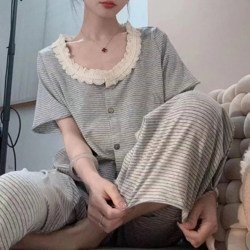 New Ladies Summer Lace Striped Pajamas Short-Sleeve Long-Pants Loungewear School Girls Woman Casual Outside Loose Lady Home Wear