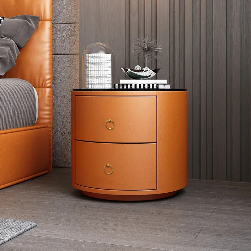 Multifunctional Intelligent Bedside Table Round Leather Wireless Charging Fingerprint With Lock