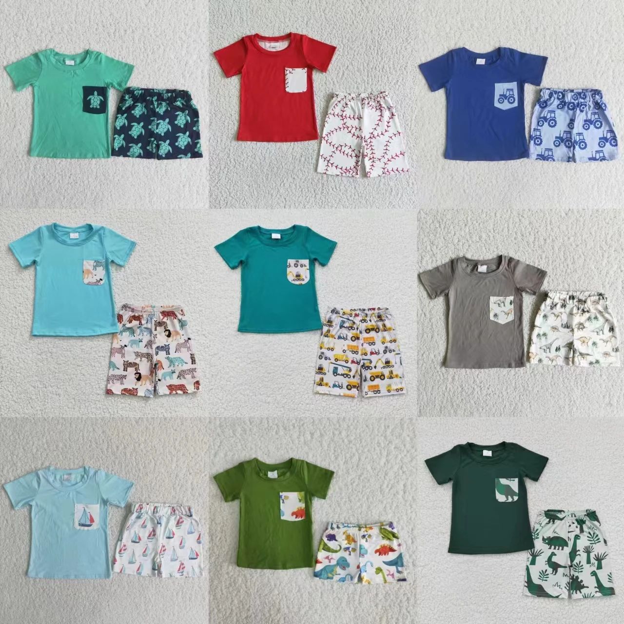 Baby Boy Summer Clothing Pocket Short Sleeves Animals Trucks T-shirt Tee Shorts Wholesale Children Boutique Kids Set Outfit