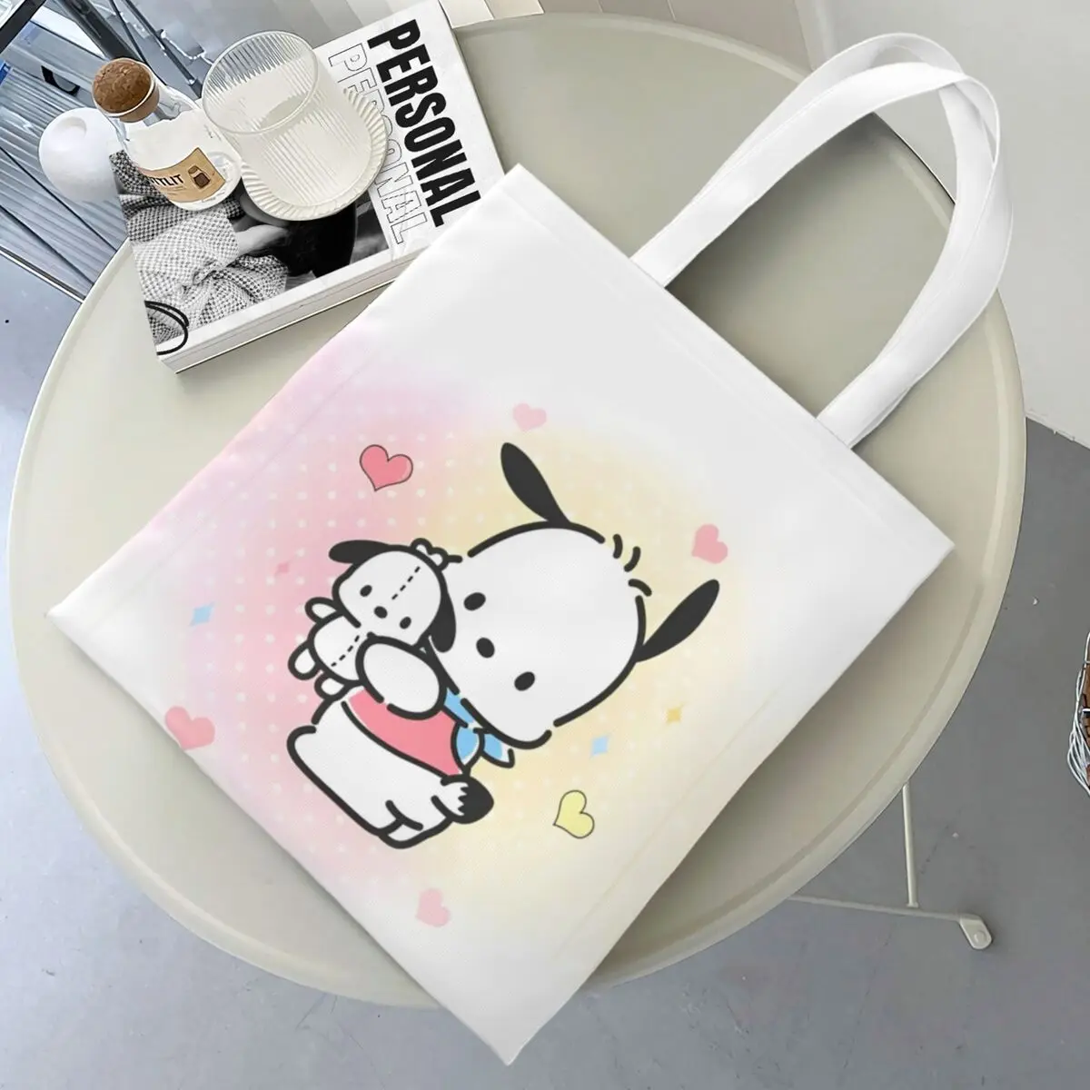 Bolsa tote unissex Sanrio Pochacco com logotipo traseiro, sacola de compras de lona para bolsas de compras