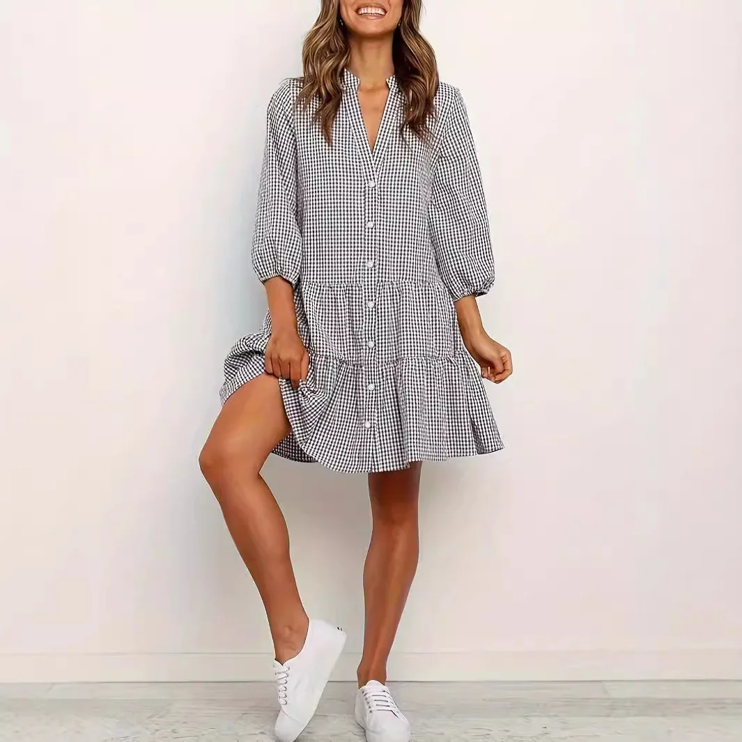 2025 Women\'s Summer Holiday Beach Dress With Half Sleeve V-neck Patchwork Button Front Casual Loose Elegant Female A-line Dress