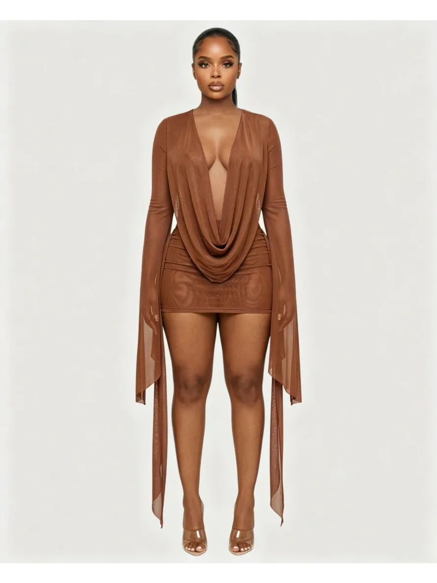 Robe mini sexy en maille transparente, élégante, col en V profond, manches longues évasées, robe de soirée, tissu en maille fine transparente, robe moulante plissée