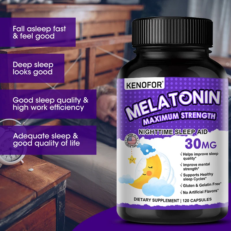 Melatonina 30 mg 120 cápsulas, ciclo de sueño saludable, suplemento para dormir específico para adultos, vegetariano, sin OGM, suplemento sin gluten