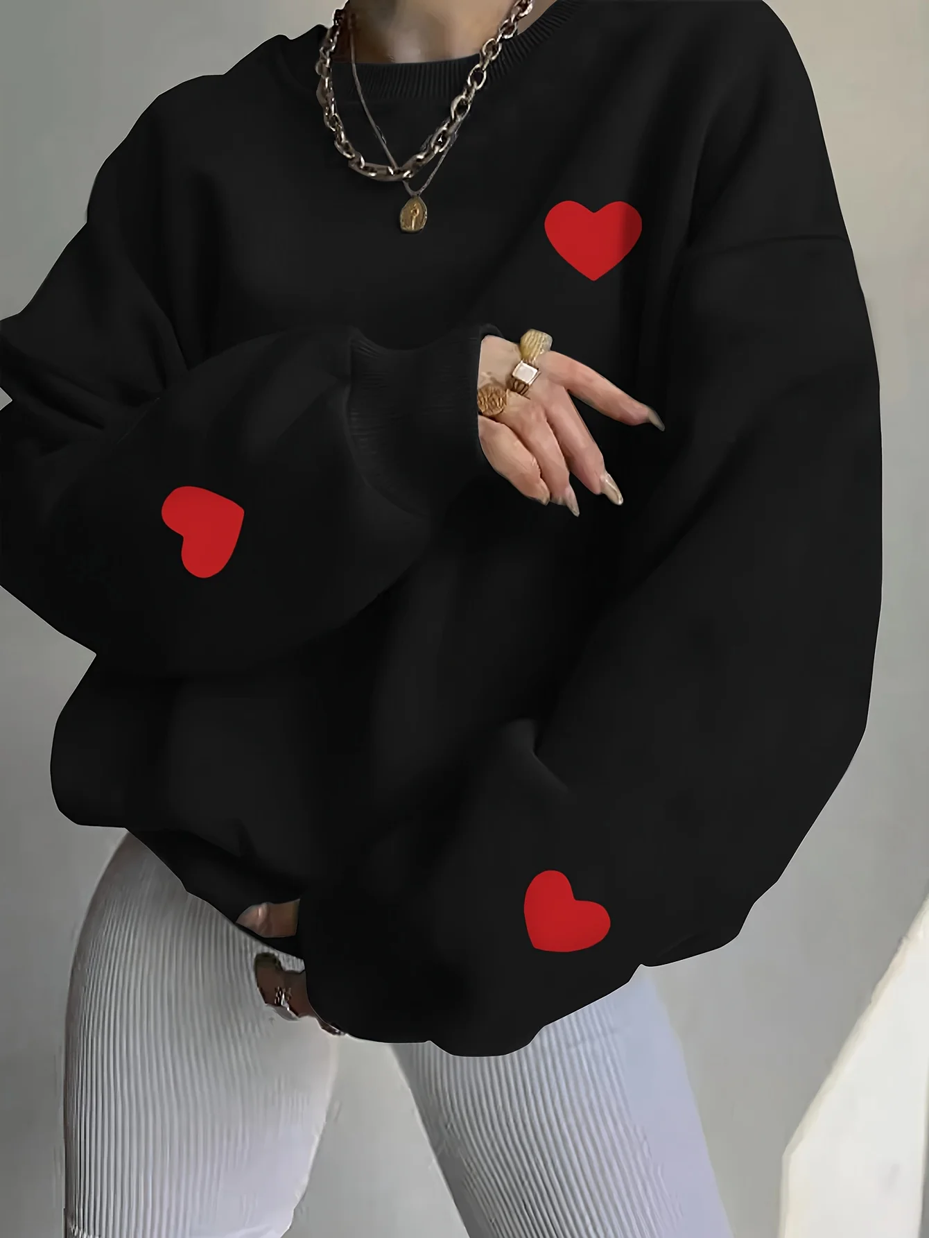 Kreativer Roter Herz-Print Damen-Sweatshirts Y2K Hip-Hop Sportbekleidung Rundhals-Fleece-Pullover Herbstkleidung – Detail 11
