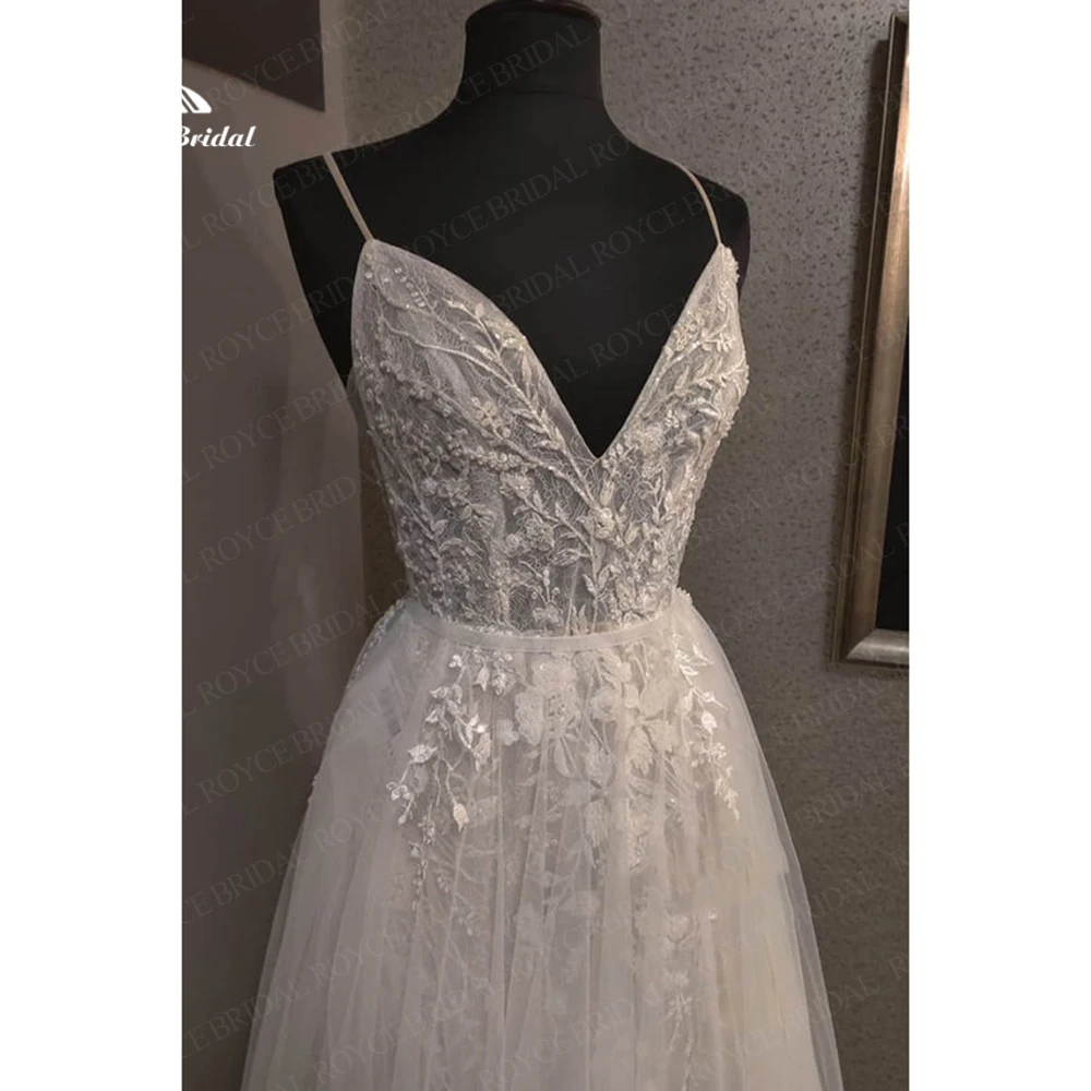 Vestidos de novia bohemios de encaje con cuentas de lujo, vestidos de novia con cuello en V, tirantes finos, Vestido Floral Blanco, vestidos de novia con botones en la espalda