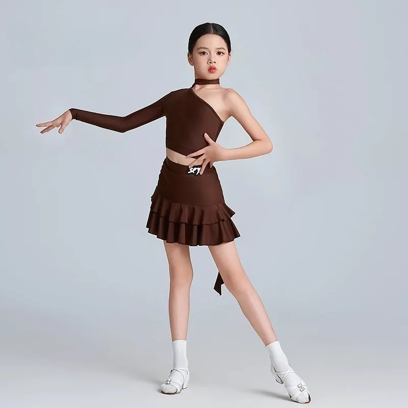 Girls Latin Dance Clothes Red Brown Suit Cha Cha Rumba Samba Training Tops Skirt Practice Clothing Kids Dance Dress