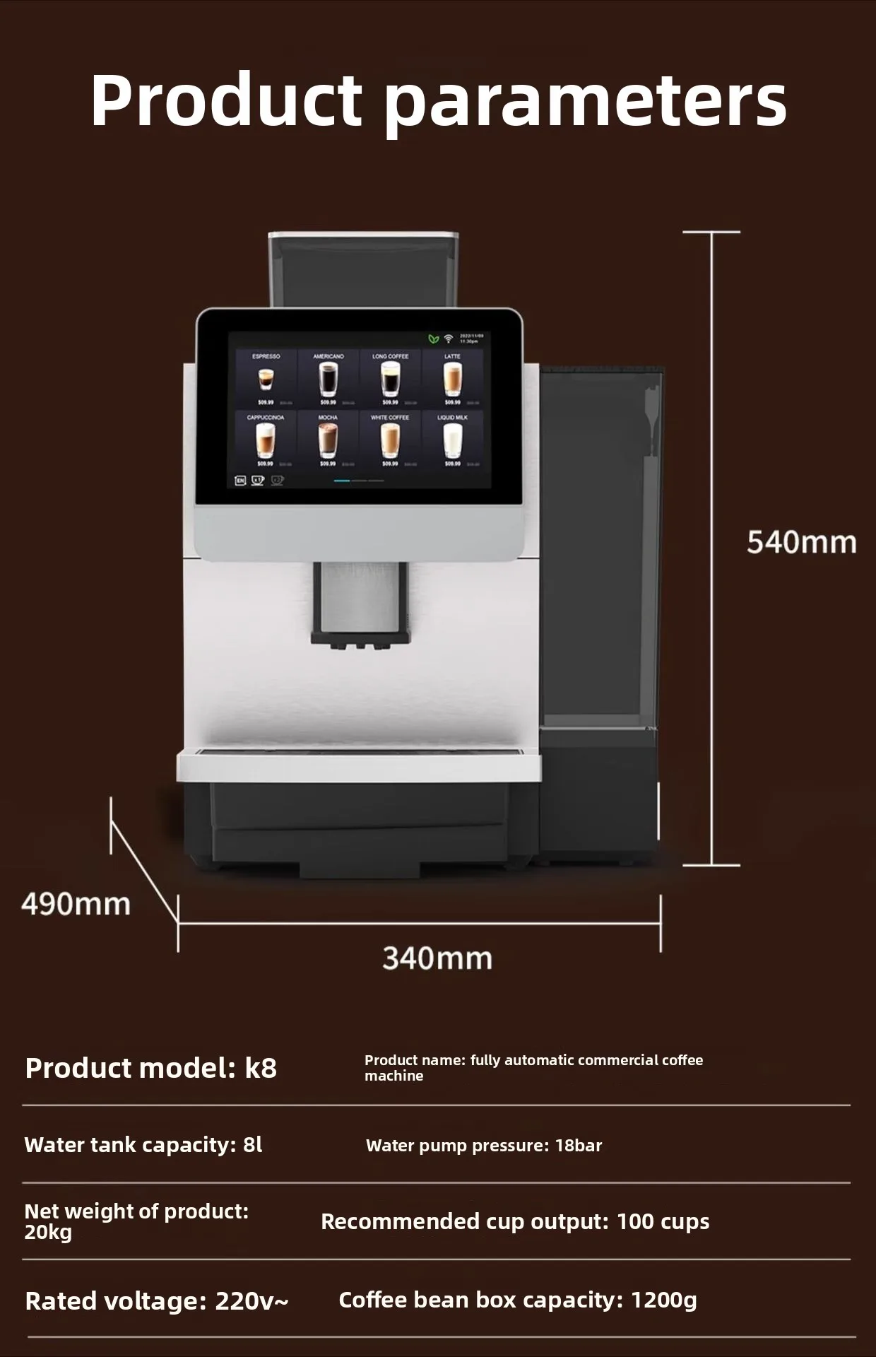 Macchina da caffè commerciale completamente automatica, macinazione della schiuma di latte da ufficio integrata in stile italiano americano