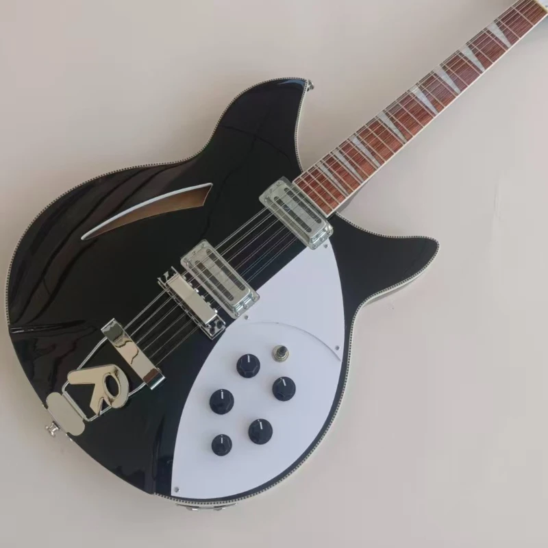 Bright Black 12 String 360 Semi Hollow Retro Electric Guitar Border Double Aluminum Case Pickup British Surfing Rock Jazz