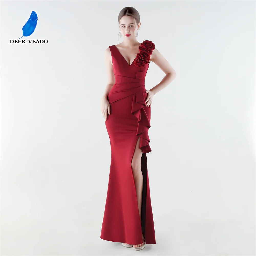 

DEERVEADO Sexy Deep V-Neck Soft Satin Evening Dresses for Woman Mermaid Slit Formal Occasion Dress Prom Party Maxi Dresses