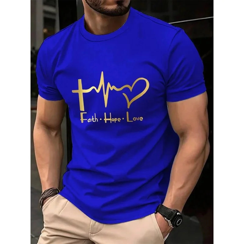 Men's Summer 100% Cotton Fashionable Casual Loose Large Size Faith Hope Love Printed Sports Round Neck Short Sleeve T-shirt Top