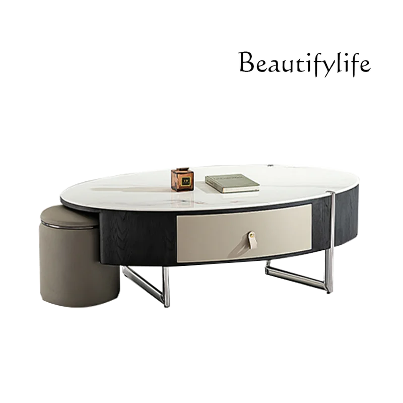 

Italian light luxury rock slab coffee table TV cabinet combination living room small apartment oval home minimalist coffee table