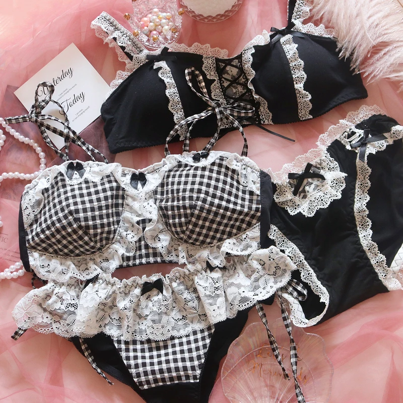 Women Sexy Lingerie Push Up Bra and Panty Set Underwear Classic Lolita Girl Black Plaid Fox Gathered Bra Briefs Bralette Sets