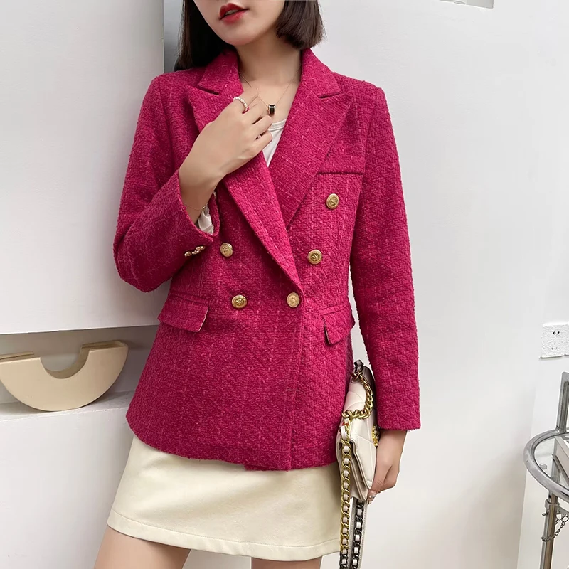 Women Fashion Tweed Double Breasted Blazer Coat Vintage Long Sleeve Flap Pockets Female Outerwear Ladies Suit Jacket