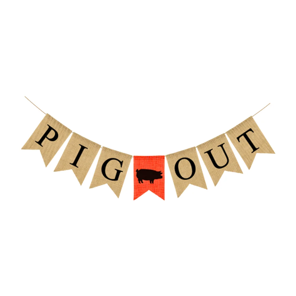 Themed Party Hanging Banners Letter PIG OUT Pull Flag Decorative Swallowtail Burlap Banner