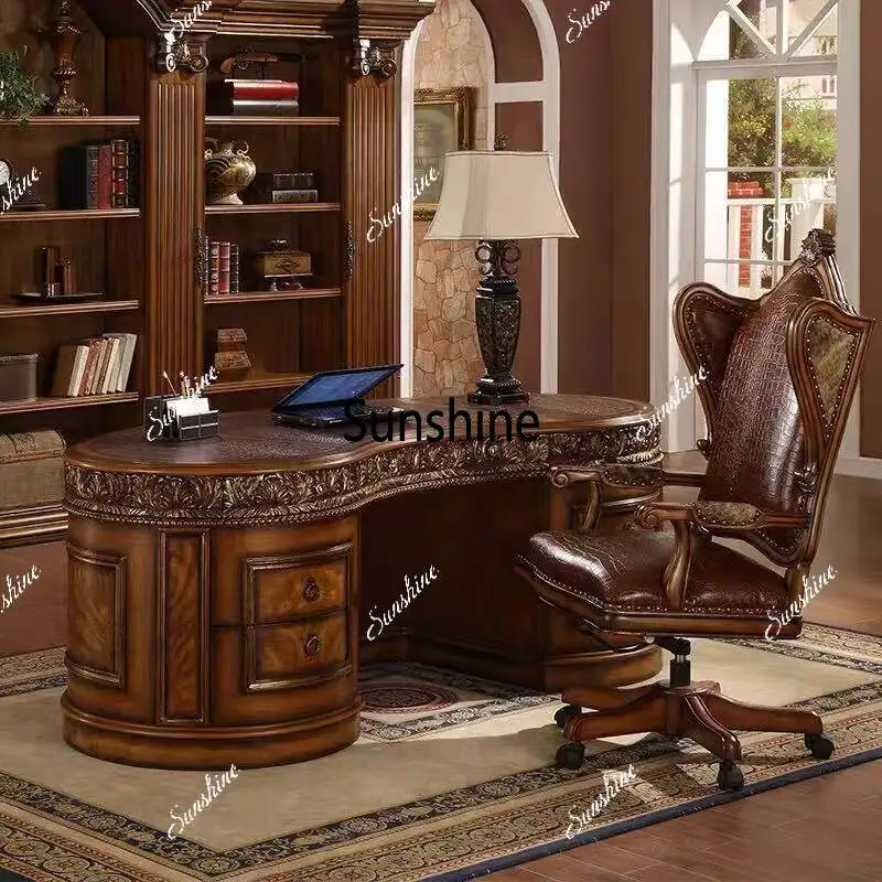 

American solid wood desk carved curved retro boss table writingk large class desk high-end computer desk