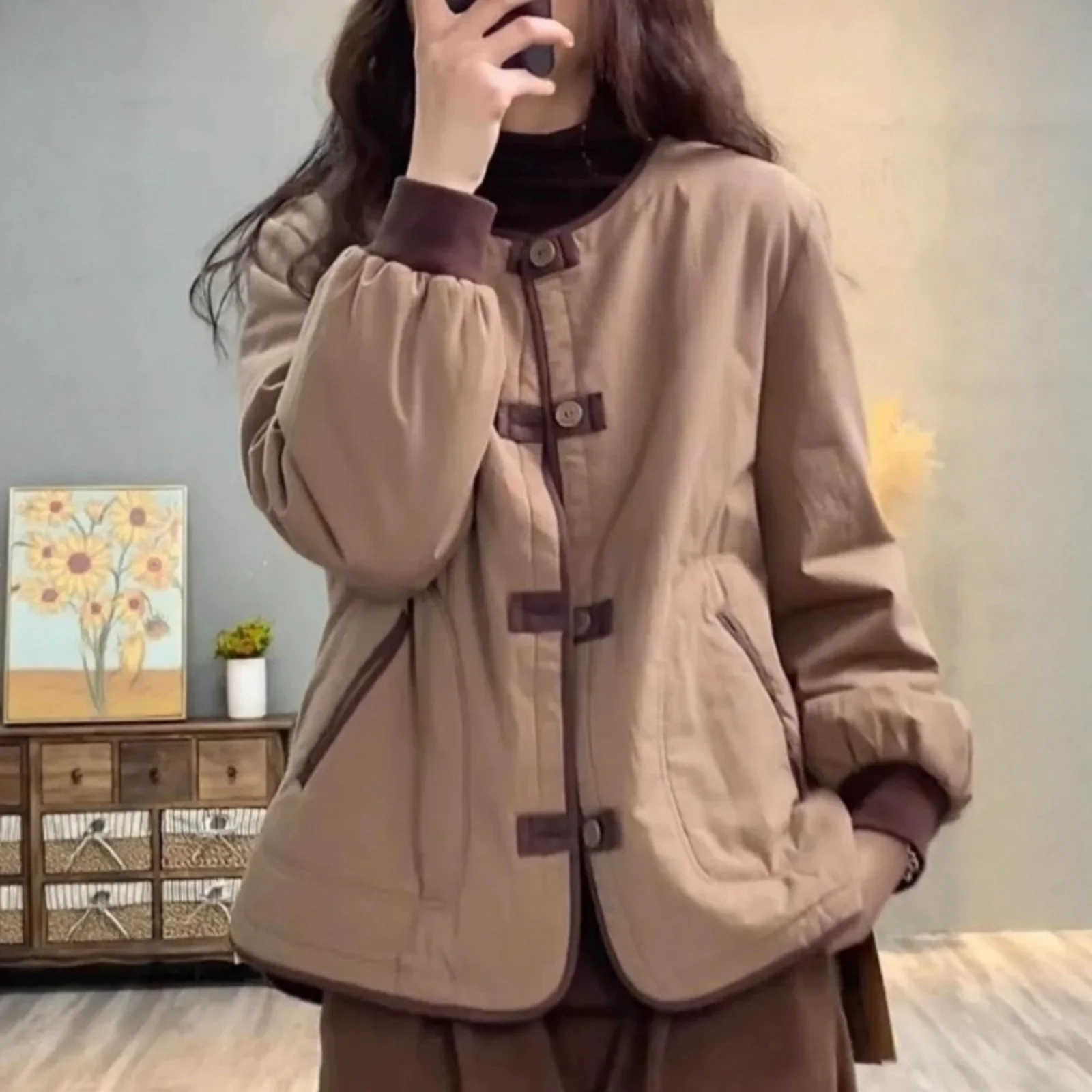 سترة نسائية قطنية سميكة خفيفة الوزن كاجوال فضفاضة بنمط ريترو كتلة الألوان معطف دافئ قصير جدًا وطول طويل #2