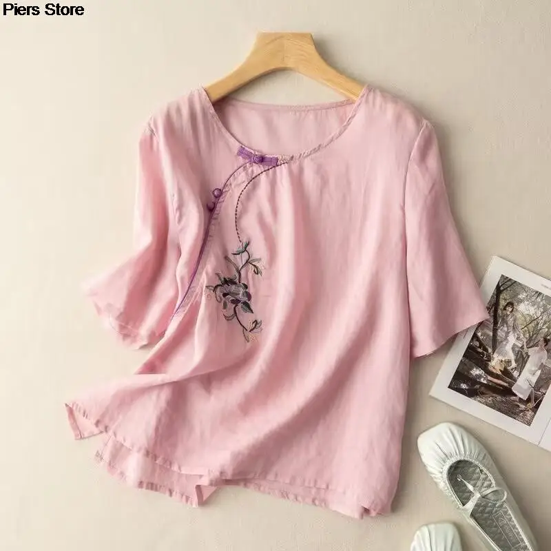 New Luxury Embroidery Floral Tees Women Chinese Style Classic Loose Shirts Casual Vintage O Neck Short Sleeve Summer Blouse Top