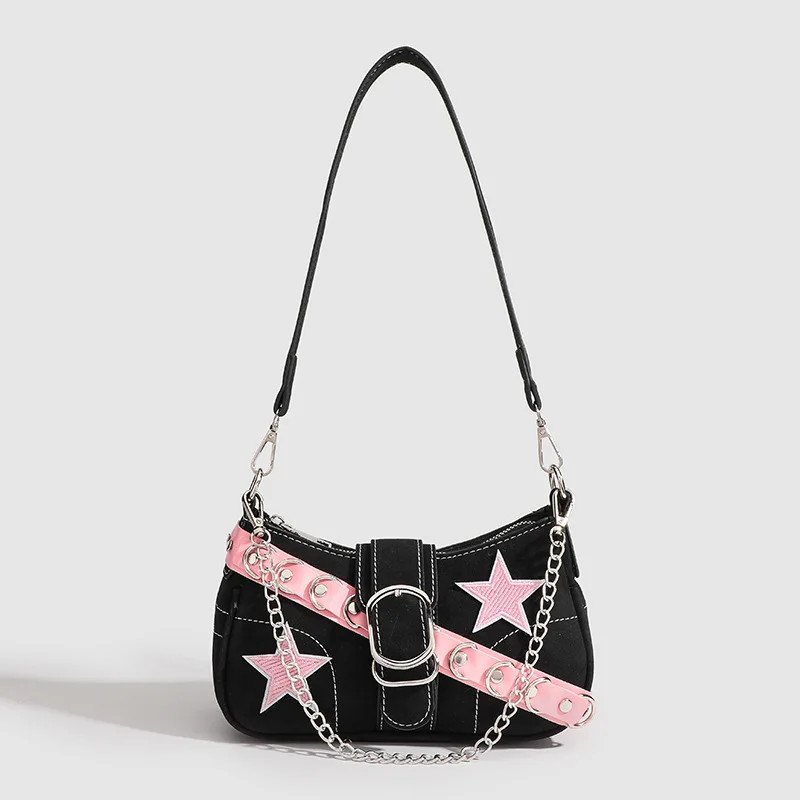 

Niche Design Pink Belt Star Single Shoulder Bag Y2k Spicy Girl Chain Underarm Bag For Women Famous Brands Leather Bags Handbags