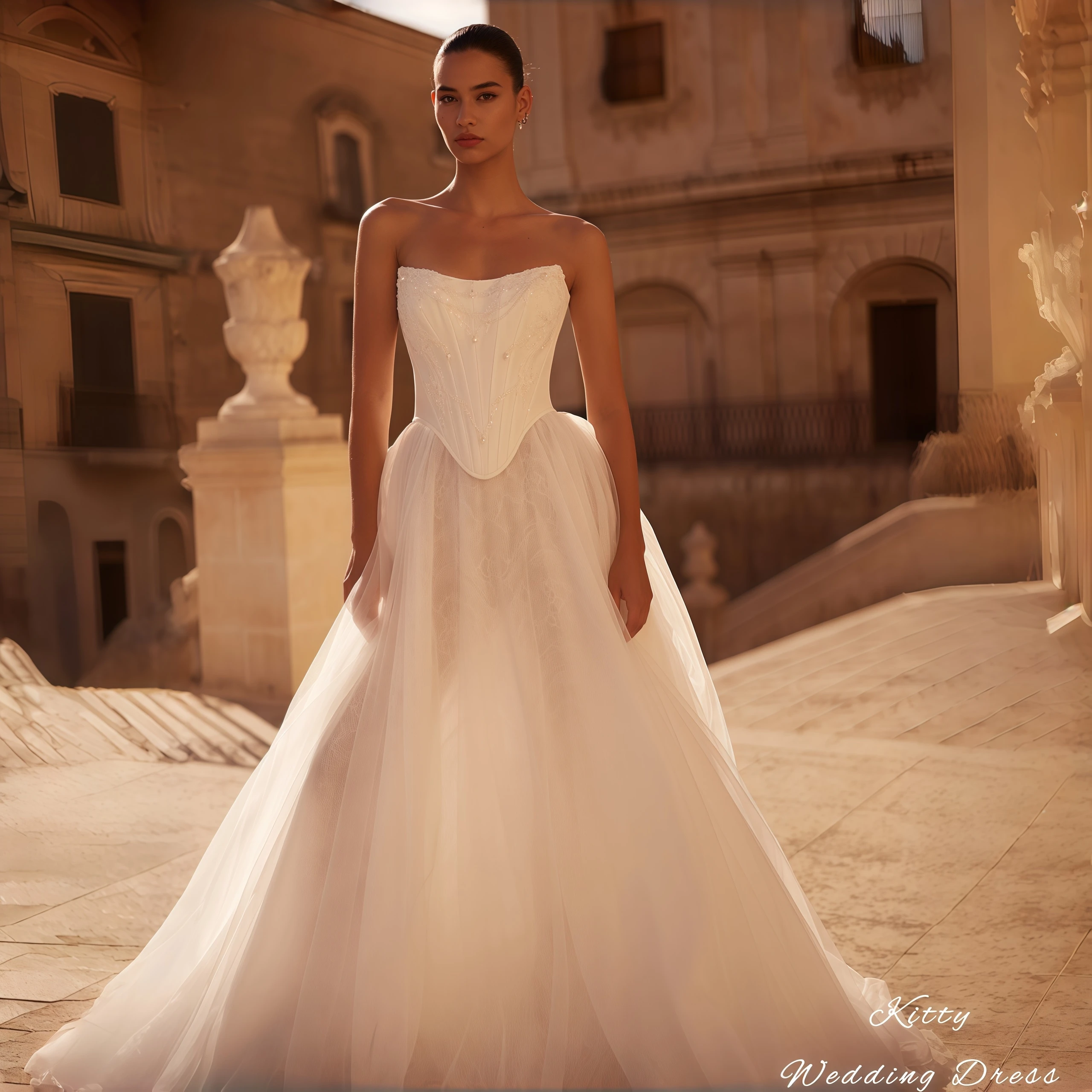 

Kitty Customized Romantic Wedding Dress Strapless Sweetheart Sleeveless Corset Bodice Beaded Lace Applique Tulle Bridal Gowns