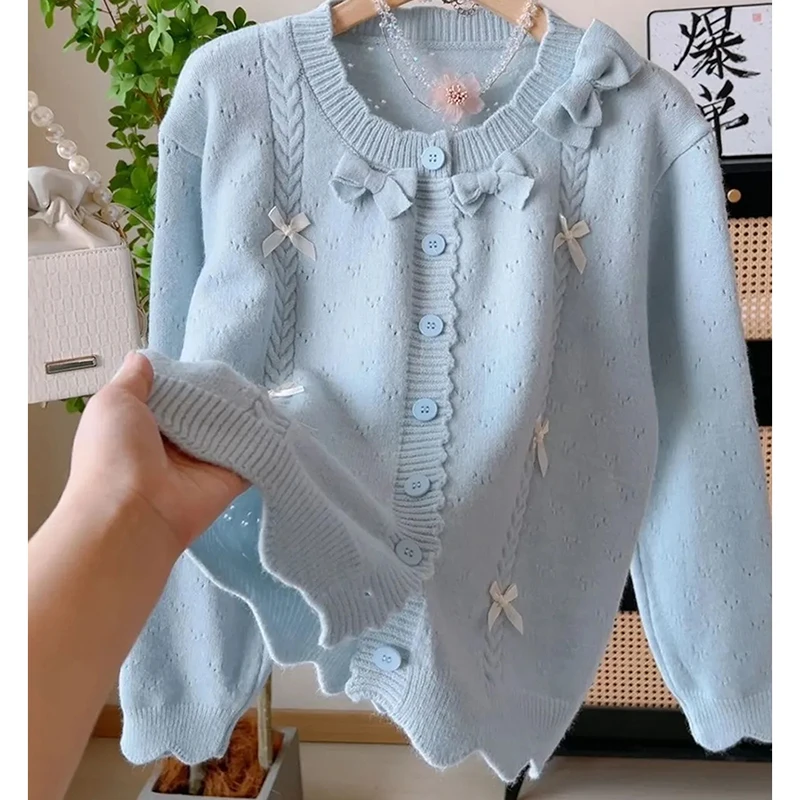 

Sweet Bow Knit Cardigan Women Long Sleeve Preppy Style Hollow Out Sweater Harajuku Y2K O Neck Single Breasted Jumpers Top