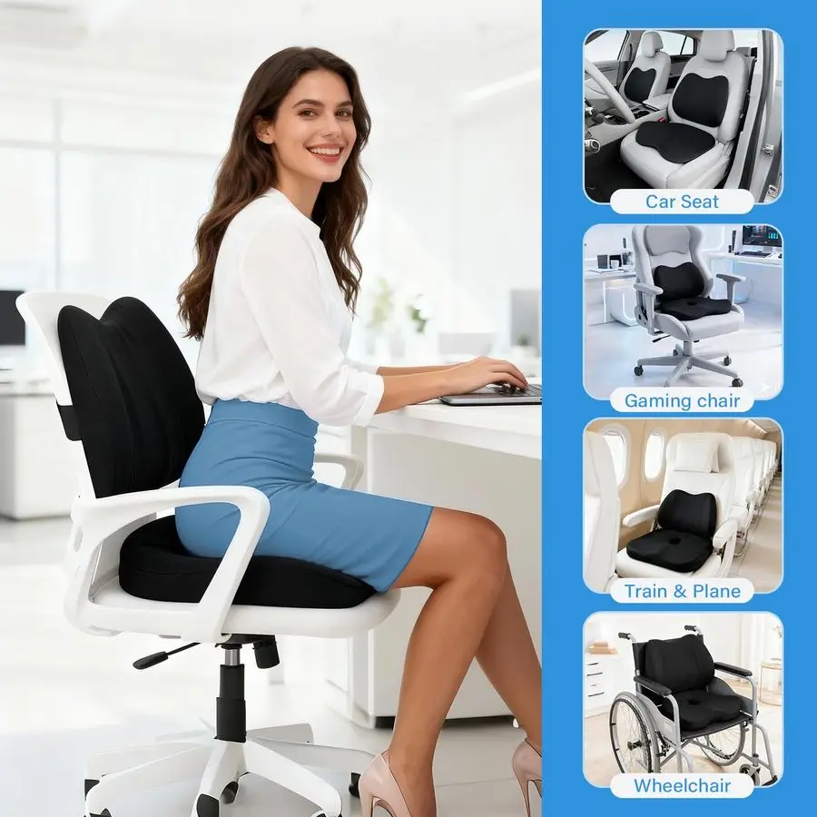 Cojín de apoyo lumbar para silla de oficina, X cojines grandes de espuma viscoelástica para silla para ciática, coxis, alivio del dolor, almohadilla cóctel
