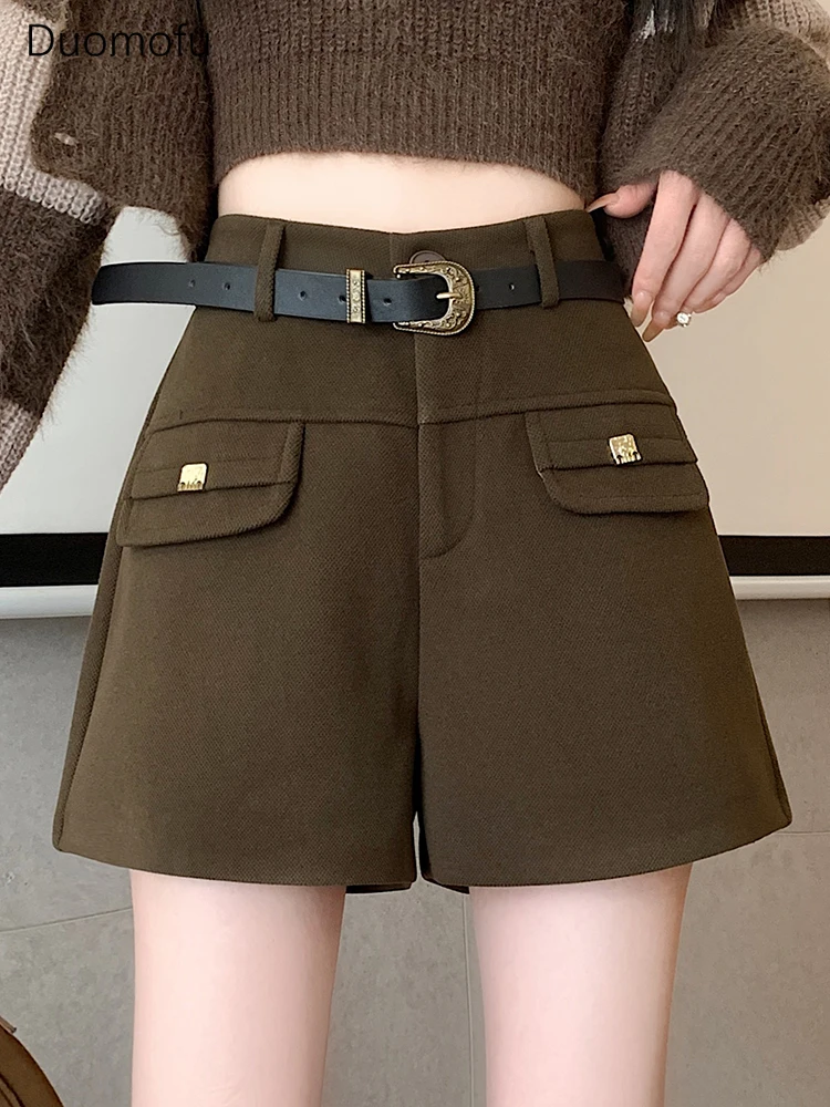 Duomofu Womens Fall Winter Woolen Bussiness Shorts Casual High Waist Shorts with Belt Wide Leg Black Coffee Work Outfits Female