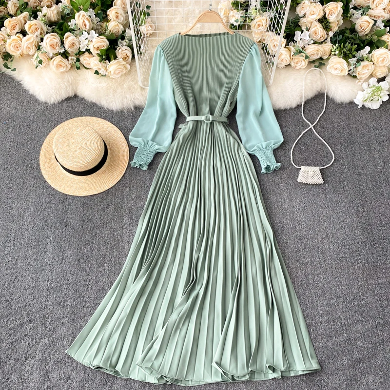 pleated dresses womens 2022 2022 Spring, Summer and Autumn New Trend Fashion Women's Clothes V-Neck Medium Long Gradually Changing Pleated Dress - Women Dress and Women Clothing price