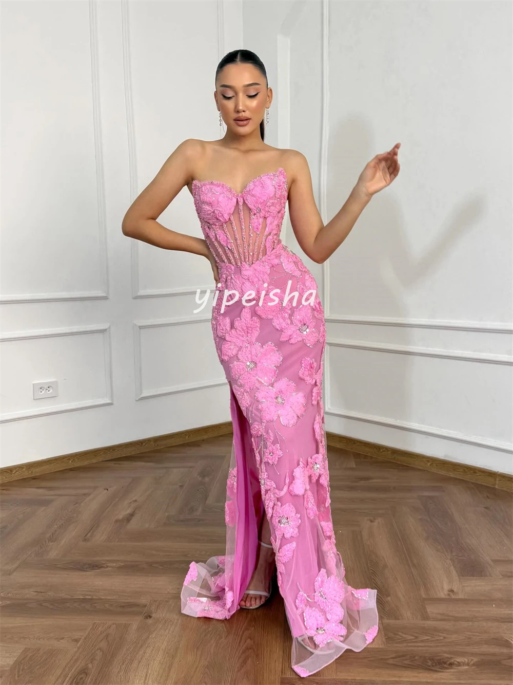 Customized Fashion Women Handmade Flower Sequined Sheath Evening Dresses Formal Sweetheart Sleeveless Floor Lenght Prom Dresses image 3