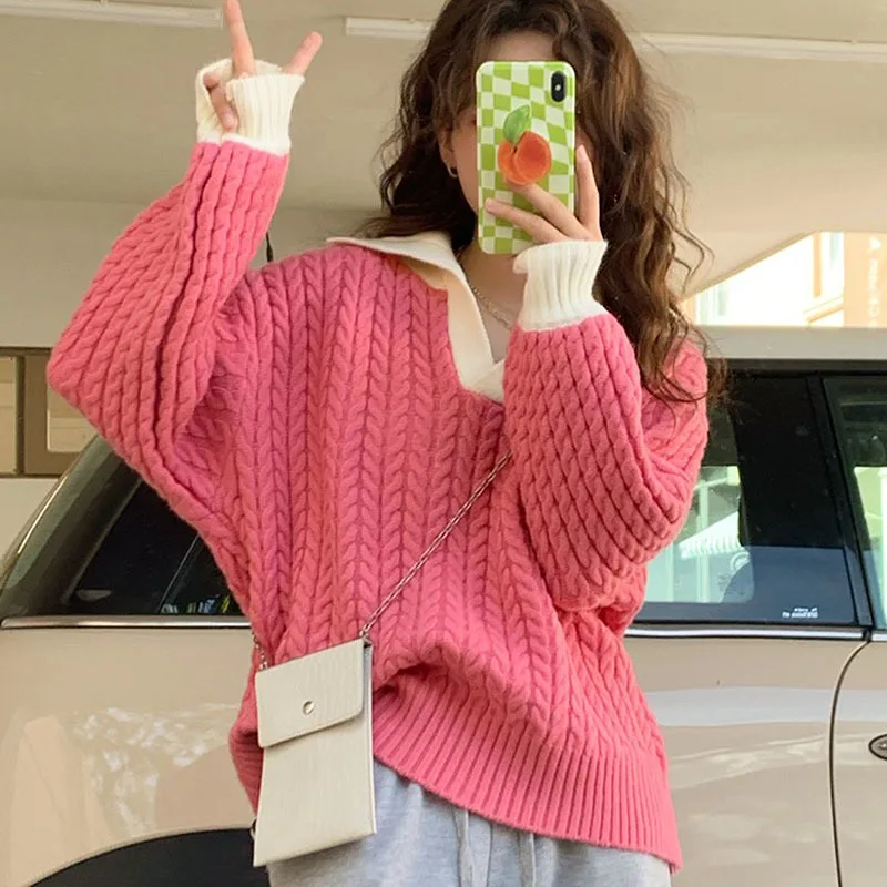 

2023 Spring Women Lapel Contrast Color Soft Pullover Knitted Tops Jumper Loose Casual Pink Green Long Sleeve Knitwear Pull Femme