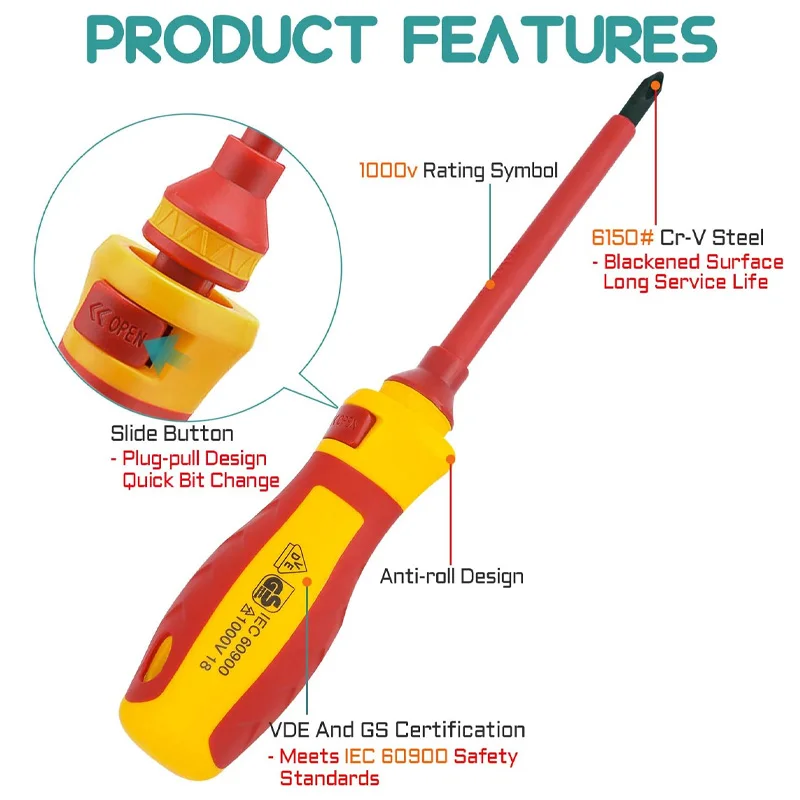 Electrician Repair Tools Kit 1000V Changeable Insulated Screwdrivers Set with Magnetic Slotted Phillips Pozidriv Torx Bits