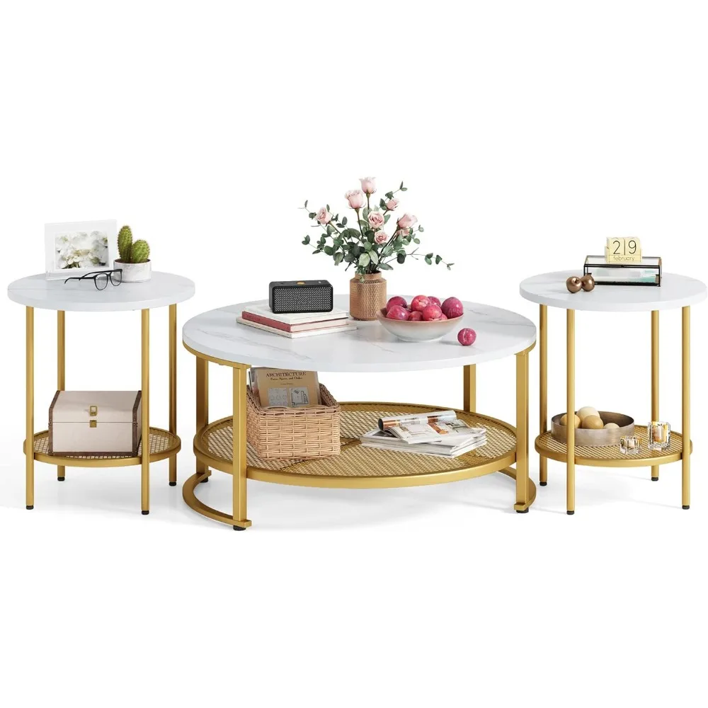 Three Piece Coffee Table Set, Modern Open Storage, Wooden Tabletop and Sturdy Metal Leg Large Circular Coffee Table