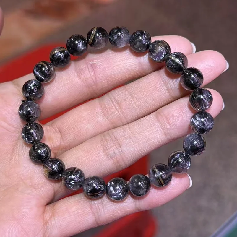 Natural Brookite Platinum Black Rutilated Quartz Bracelet Woman Man 8.3mm Clear Round Beads Brookite Crystal Jewelry AAAAAA