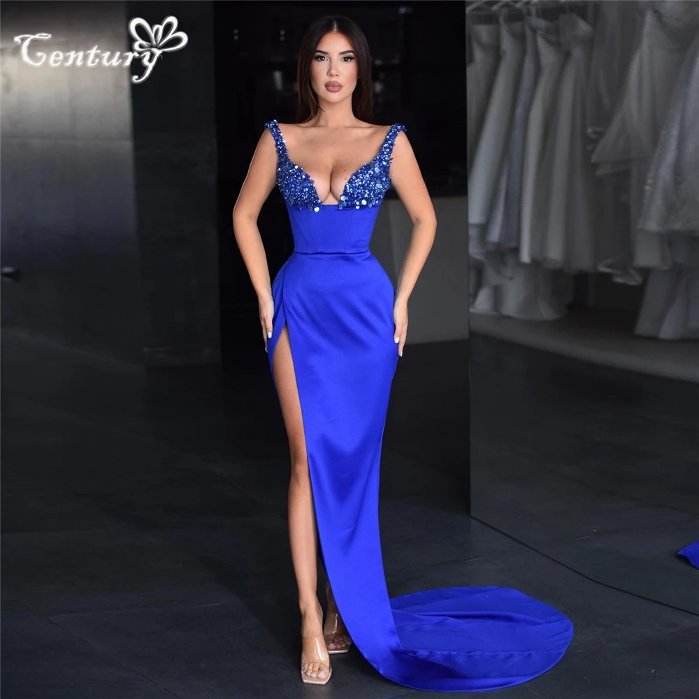 

Royal Blue Prom Dress Long Sequined Satin Side Slit Mermaid Formal Dresses Sexy Evening Party Gowns Robe De Soiree Customized