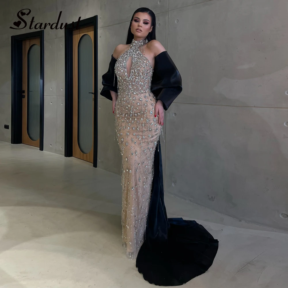 Stardust Exquisite Tassel Evening Dresses for Women Rhinestones Cut-out Mermaid Halter Satin Vestidos De Fiesta Customized