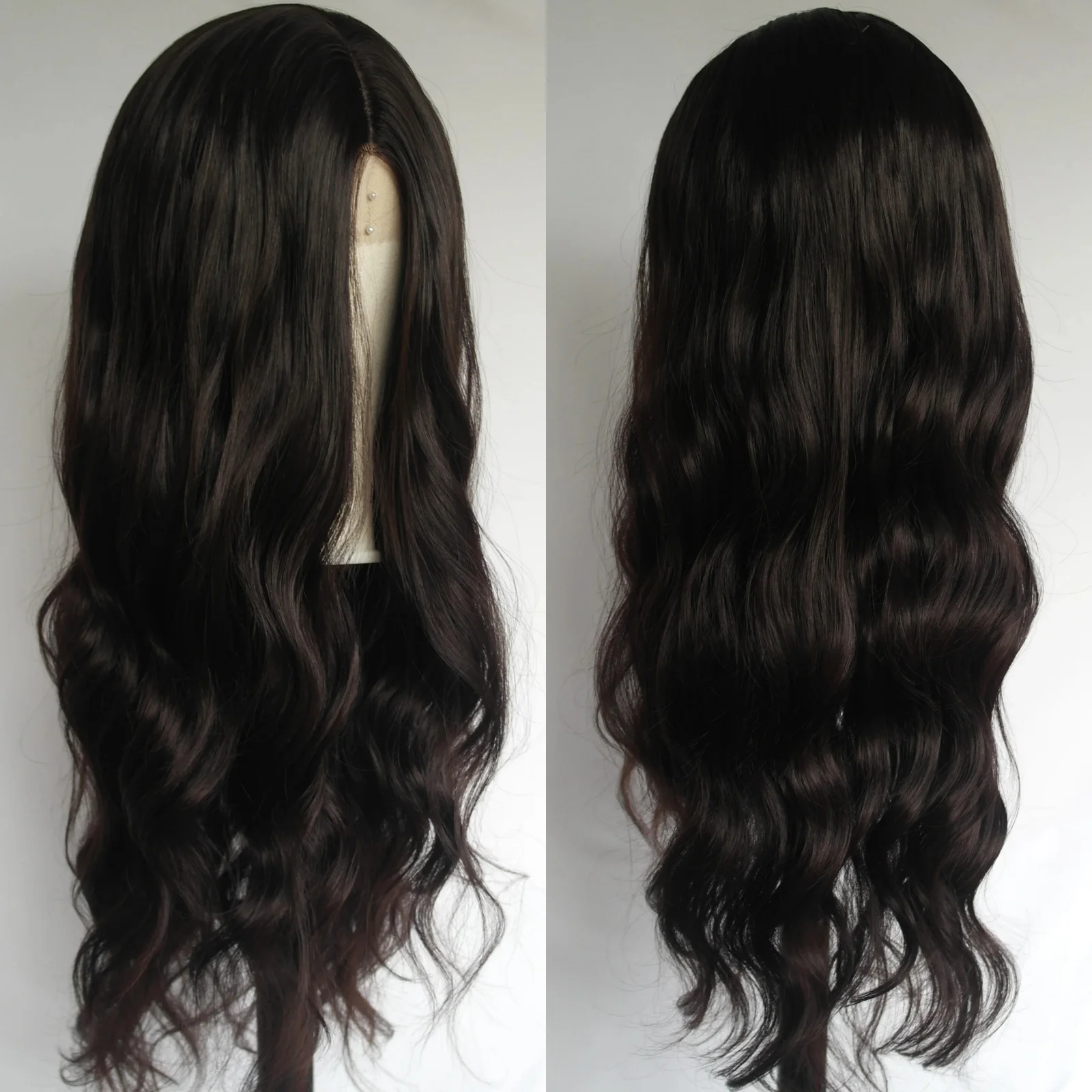 Espresso Dark Brown Long Wavy Body Wave Synthetic Hair Middle Part Brunette Curly Loose Deep Wave Lace Front Wigs for Women